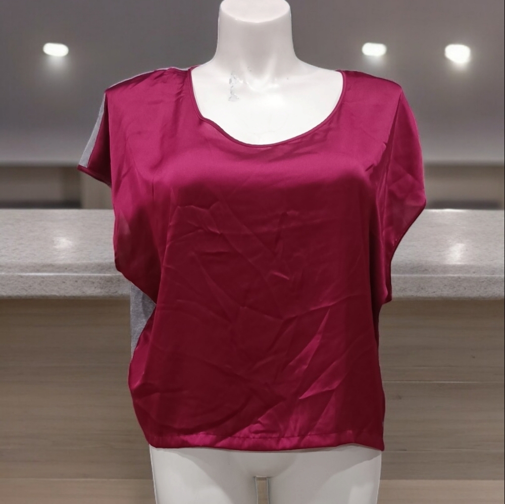 Jennifer Lopez Burgundy/Gray Oversized Cap Sleeve Top-Women’s Size Large Blouse